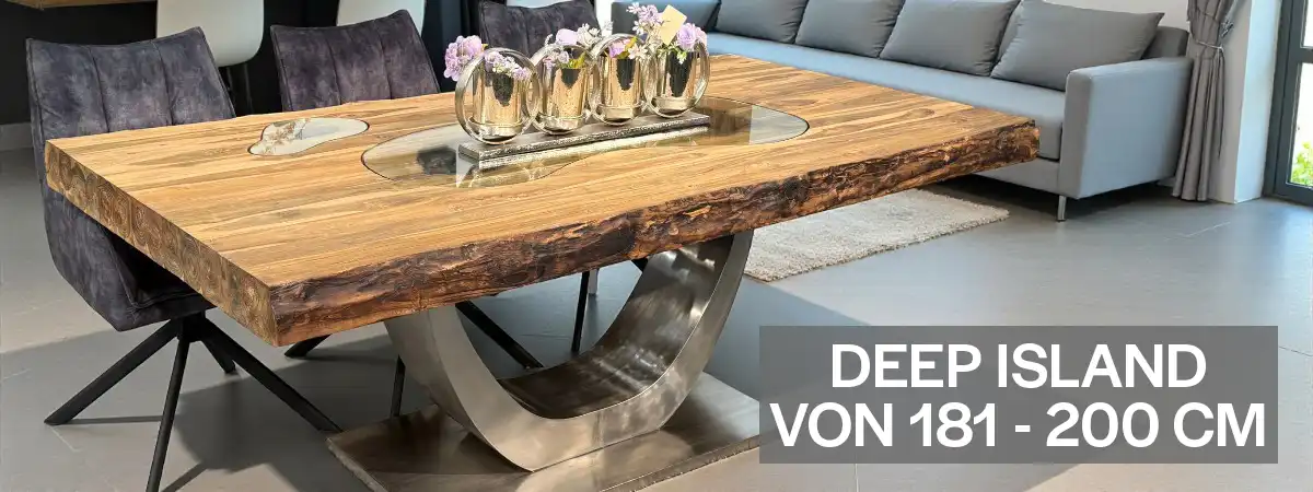 Massivholz-Esstisch Deep Island in 181-200 cm Länge. Handgefertigt aus recyceltem Teakholz, einzigartig im Design und nachhaltig produziert. Jetzt entdecken!
